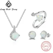 White Opal Ring Earrings-925 Sterling Silver Chain Necklace Wedding Jewelry Sets
