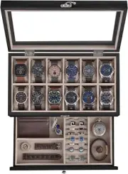 Luxury 12 Slot Watch Box Gifts for Men 2 Tier Watch Display Case Large Glass Lid