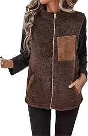 [eroVE] Women's Jackets Fashion Women's Zip Up Pocket Patched Teddy Vest Coat Jackets & Coats (Color : Chocolate Brown, Size : Large)