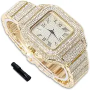 [richhut] Luxury Diamond Watch for Kids Teen - Iced Out Bling 18K Real Gold/Platinum/Rhodium Black Plated - 40mm Square Dial Strap 7.3" - Adjuster Tool Included - Optional with Cuban Chain