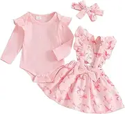 [Himllauen] Baby Girls Print Outfit Baby Girls 3Pcs Long Sleeve Crew Neck Romper + Suspender Skirts + Headband Sets for Baby Girl Fall Spring Winter