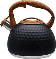 GGC Tea Kettle for Stove Top, Loud Whistling Kettle for Boiling Water Coffee or Milk, 3.1 Quart 3L Heavy Stainless Steel Black Kettle with Wood Pattern Handle, Unique Button Control Kettle Outlet