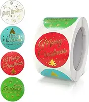 Christmas Stickers Roll 1.5 Inch Merry Xmas Sticker Removable Waterproof Round Happy Holiday Labels for Envelope Seals Gifts Cards Kids 500 PCS