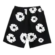 Summer Men Shorts Flower Print Drawstring Elastic Waist Loose Pockets Pleated Vacation Beach Sport Casual Homewear Short Pants black S