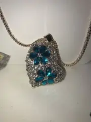 Betsey Johnson Necklace Crystal Silver Flower Heart Love Sparkles Gift Box & Bag