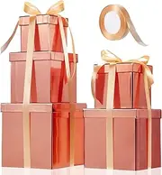 Cholemy 5 Pcs Square Nesting Boxes Decorative Gift Boxes with Lid and Ribbon Assorted Sizes Wrap for Wedding, Anniversary, Birthday, Back to School, Bridal Shower, Graduation Party(Shiny Rose Gold)