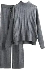 [Generic] Women's Knitting Loungewear Suits Mock Neck Split Pullovers Drawstring Waist Wide Leg Pant Tracksuits Knit Jogging Sets