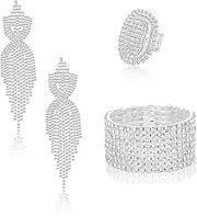 [Kakonia] Rhinestone Bridal Jewelry Set for Women Sparkling Rhinestone Stretch Bracelet Ring Dangle Tassel Earrings Set Costume Jewelry