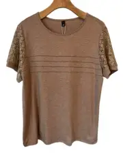 Sunbs Blouse Womens Size Large Beige Short Sleeve Lace Detail Round Neck NWT