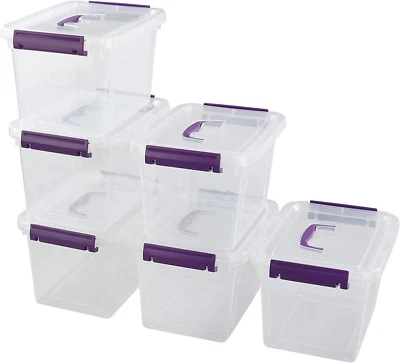 Tyminin Plastic Storage Bin with Handles/Lids, 6 L Small Latch Box, 6 Clear