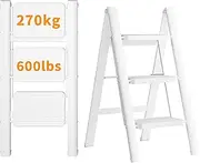 [HOMYTECH] 3 Step Ladder 270 KG Load Capacity Folding Step with Anti Slip Wide Steps, Lightweight Foldable Stool, Portable Folding Ladder, Indoor/Outdoor Multi-Purpose Small Step Ladder, White