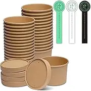 [25 Sets - 12 oz] Kraft Paper Food Soup Containers With Vented Lids, Microwavable Disposable Food Soup Bowls, To Go Hot Soup Bowls, Great for Restaurants - Extra 30 Hand Made Self-adhesive Labels