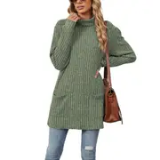 Half High Collar Long Sleeve Pocket T-shirt Top - Army Green