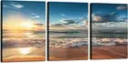 Beach Canvas Wall Art, Sunset Ocean Waves Modern Artwork Landscape Poster Framed