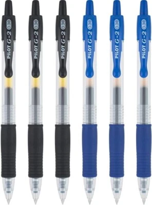 Pilot G2 Pens Retractable Gel Roller Ballpoint 0.38mm 3 Black & 3 Blue 6pk