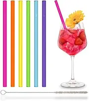 Halm Glass Straws Neon Colored - 6x Reusable 8 inch Drinking Straws Glow in the Dark Party + Plastic-Free Cleaning Brush - Made in Germany - Dishwasher Safe