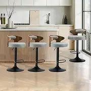 [OIKITURE] Bar Stool Set of 4 Home Kitchen Barstools with Gas Lift and PU Leather Seat Barstools in 57-77cm Height and Footrest Swivel Chair Set for Home Bar Dining Room, Grey