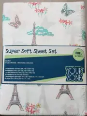 PARIS Full Size Bed Sheet Set 4pc SPRING TIME IN PARIS Microfiber Kids NEW