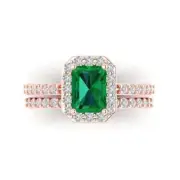 2.20ct Emerald Round Cut Halo Emerald Stone Ring bridal Set 14k Rose Gold