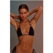 Black Bead Trim Double Strap Triangle Bikini Top, Black