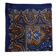 Navy Blue & Gold Floral Paisley Silk Pocket Square (Hand-Rolled in England)