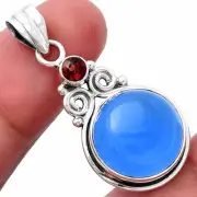Natural Blue Chalcedony & Garnet 925 Sterling Silver Pendant Jewelry P-1603