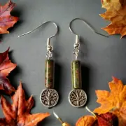 Pretty Handmade Unakite Crystal Tree Of Life Earrings - Heart Chakra Gift
