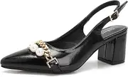 [qibusleen] Women's Low Block Heeled Pearl Slingback Heels Closed Pointed Toe Leather Pumps for Women Ankle Strap Metal Chain Church Party Work Dress Shoes