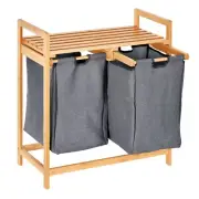 Bamboo Laundry Hamper / Storage Basket Shelf W/ Dual Compartment Removable Liner