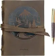 Leather Journal Mountain Notebook Embossed Handmade Travel Diary, A5 Vintage Writing Bound Journal For Men & For Women Genuine Antique Rustic Leather 6"x8" Engraved Perfect for Notes Sketchbook + Pen