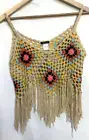 VIVID Womens Crochet Tank Top Med Fringe Granny Square Crop Boho Hippie Festival