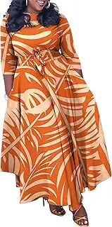 [Xuideoy] Casual Plus Size Maxi Dress for Women African Print Long Dress 3/4 Sleeve Flowy Ruffle Dress with Belt 2024 Summer, Orange, 4X-Large