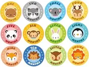 LABRIMP 12PCS Monthly Stickers Creative Round Shape Animal Pattern Milestone Self Adhesive Stickers for Newborn Photography for Tracking Growth and Sharing Keepsakes