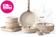 17-Piece Ceramic Nonstick Cookware Set Detachable Handles Induction Almond Beige