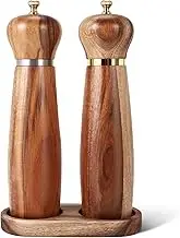 2 Set Wooden Salt and Pepper Mill Set, Pepper Mills, Pepper Shaker, Hand Salt and Pepper Grinder Set with Adjustable Ceramic, Mill Tray, Cleaning Brush