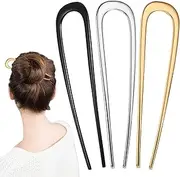 YONOY 3pcs Metal French Hair Pins,U-Shaped Long Chignon 2 Prong Sticks for Buns, French Twist Hair Pin, Hair Sticks, Hair Fork(Black, Gold, Silver)