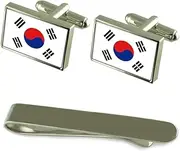 [Select Gifts] South Korea Flag Silver Cufflinks Tie Clip Engraved Gift Set
