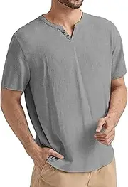 [Generic] Men's Cotton Linen Yoga Tops Lightweight Band Collar T-Shirts Stylish V-Neck Henley Plain Beach Short Sleeve with Button