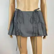 Low Waist Plain Zip Up Mini A-Line Pleated Skirt Gray - S