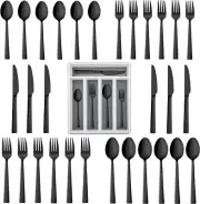 20-Piece Black Silverware Set with Tray, Stainless Steel Square Flatware Cutl...