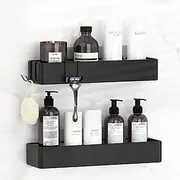 Gabeeriso 40cm Large Shower Caddy - 2 Pack, Adhesive Shower Organizer with 4 Adjustable Hooks,Rustproof Bathroom Shelf, No-Drill Installation, Black.(40CM Extra Large)
