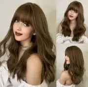 Natural Long Wavy Brown Heat Resistant Hair Dress Up Wig With Fringe