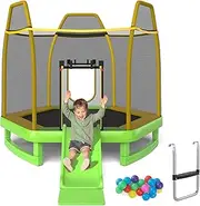 HONEY JOY Trampoline for Kids, 7FT Kids Trampoline w/Slide, Ladder & Ocean Balls, Indoor Outdoor Trampoline w/Heavy Duty Galvanized Steel Frame & Safety Enclosure Net for 3+ Years, Max 200 KG
