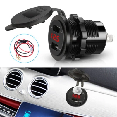 12V 2.1A Dual USB Ports Red Voltage LED Display Car Phone Charger Socket Adapter