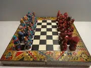 Vintage Hand Painted Pottery Chess Set Aztecs Conquistadors FULL SET 8'' X 8''