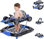 Blue Baby Walker with Wheels, Activity Center Anti-Rollover, Comfortable seat, Steering Wheel, Music, Lights, 4 Height Adjustable Foldable Baby Walkers for Boys and Girls