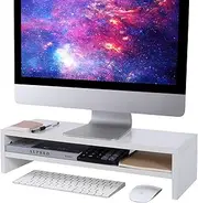 BEYGORM Monitor Stand Riser White, 2 Tiers Wood Desk Shelf Computer Screen Stand with Storage for Desktop Laptop/Screen/TV/PC/Printer, Multifunctional Desktop Organizer 21.6" L x 7.8" W x 5.2" H