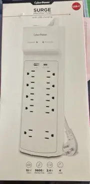 CyberPower 10-Outlet Surge Protector with USB, USB-C, and 4 ft. cord, White