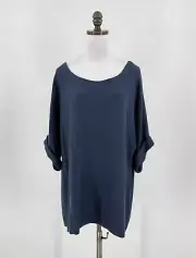 Eileen Fisher Womens Blue Cotton Cashmere Roll Sleeve Boat Neck Kimono Top Sz L
