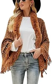 [BAILEYU] Women Knitted Scarf Shawl Leopard Faux Fur Coat Tassel Hem Warm Cloak Poncho Cardigan Sweater Cape